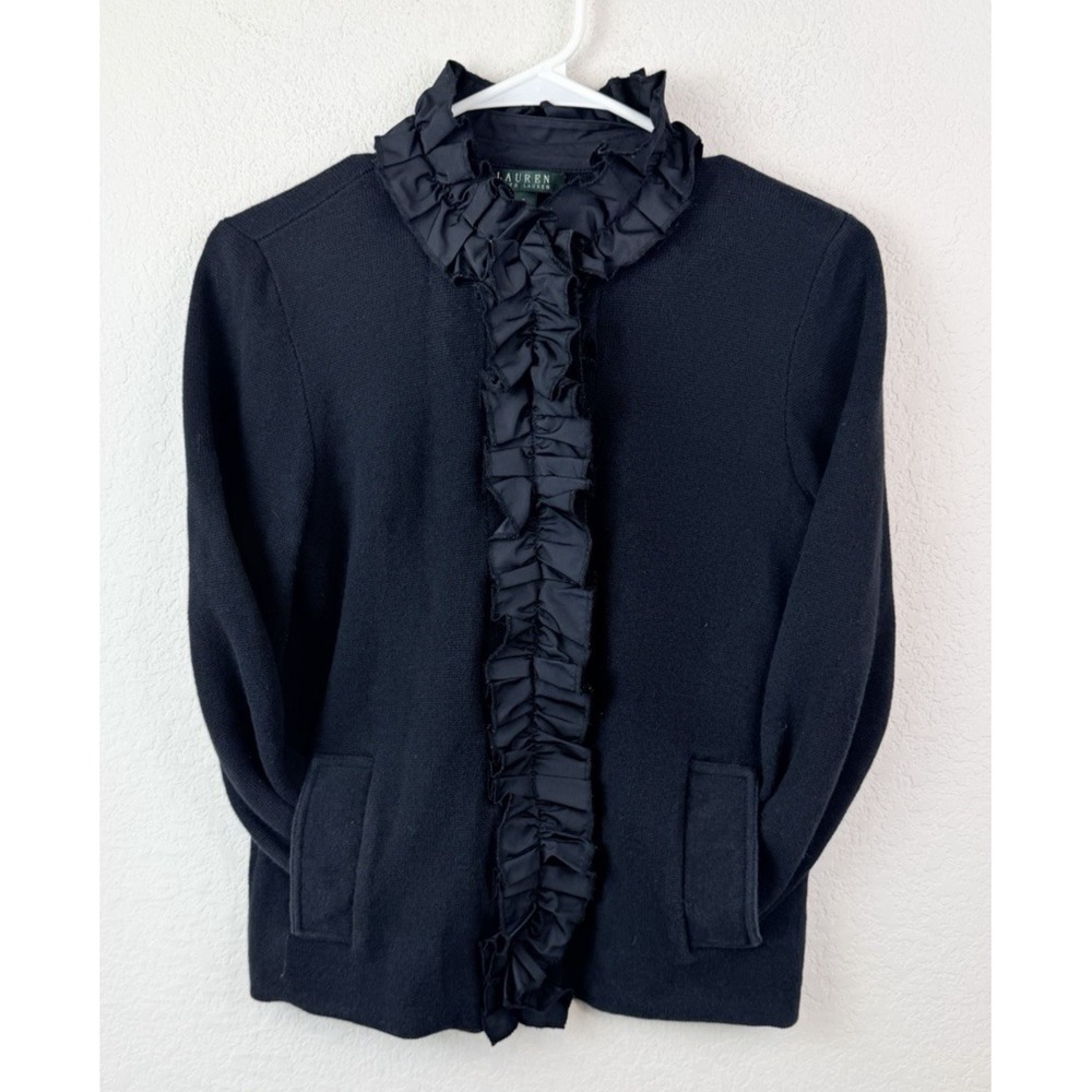 Lauren Ralph Lauren Ruffle Trim Knit Cardigan Sweater Sz S Black Romantic Preppy